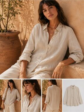 Vintage Lands' End Linen Sand Beige Shirt Size 14